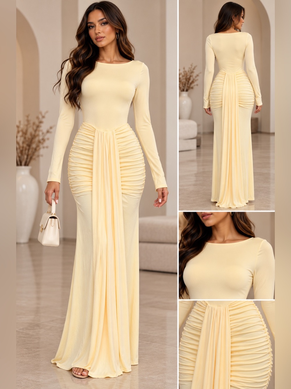 Elegant Long Sleeve yellow Evening Gown